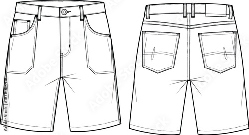 Vector Fashion Flat Sketch of Men's Denim Style Shorts Featuring a Fixed Waistband with Belt Loops Five-Pocket Construction and Detailed Topstitching for Apparel Design Template