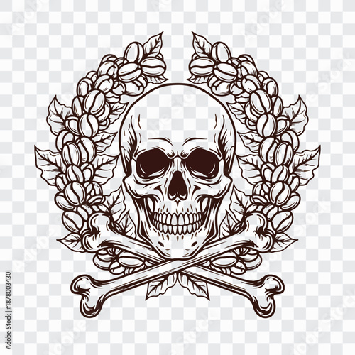 Vintage Skull with Laurel Wreath and Crossbones Emblem Illustration