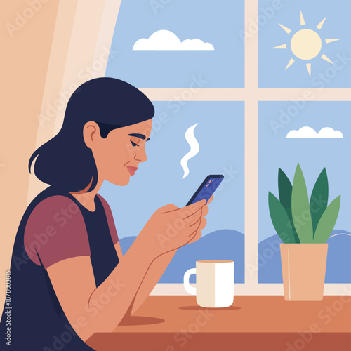Woman with dark hair seated by a window using a smartphone with a cup of coffee