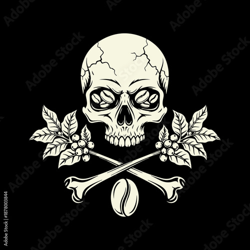 Vintage Skull Emblem with Floral Leaves and Crossbones on Black Background
