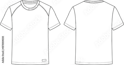 Vector Fashion Flat Sketch of Men's Raglan Sleeve T-Shirt Featuring a Crew Neckline Contrast Binding and Small Rectangular Brand Label Detail on Front and Back Views