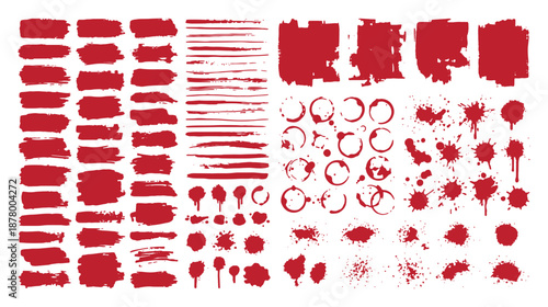 Set of red paint brush strokes, grunge textures, splatters, drips and abstract ink elements vector.