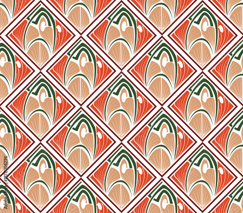 A geometric pattern Greek design ornate featuring diamond shape filled with stylized floral design in warm colors of orange, green, and beige.