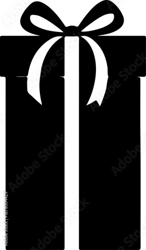Elegant minimalist black gift box icon with a white ribbon and bow, symbolizing surprise, joy, and celebration