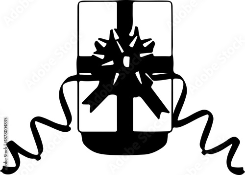 A simple black and white illustration of a gift box with a bow and ribbons