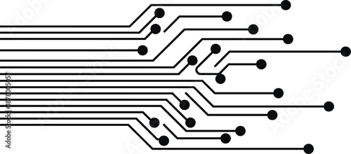 Abstract Electronic Circuit Design with Horizontal Traces, Circular Nodes, and Branching Paths in Stylized Printed Circuit Board Illustration