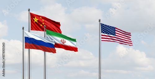 Photography China Russia Iran Versus The USA as diplomatic flag symbols for trade partnershi