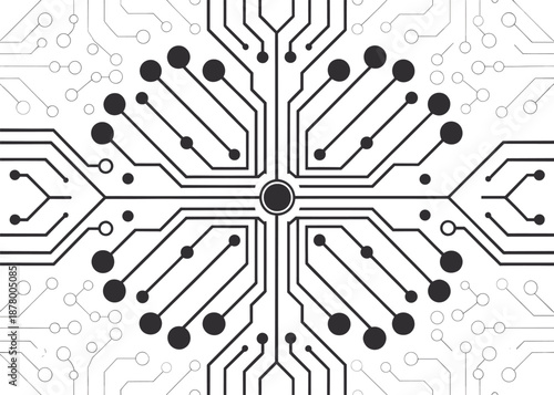 Central Node Circuit Design with Radiating Traces, Symmetrical PCB Layout, and Faded Background Patterns in Stylized Electronic Illustration