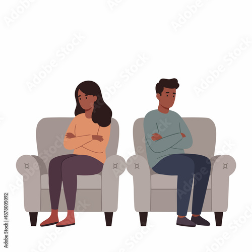 Flat Illustration Conflict Couple Sitting in Armchair with Angry Expression
