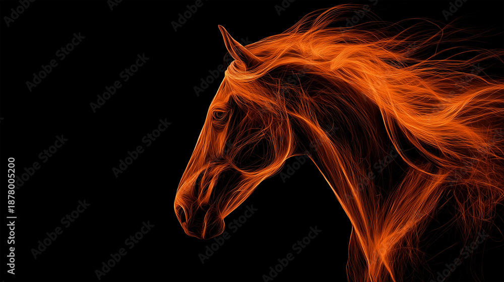 Fototapeta premium A fiery horse, with flames cascading from its mane and body, a symbol of power, energy, and untamed spirit against a backdrop of darkness.