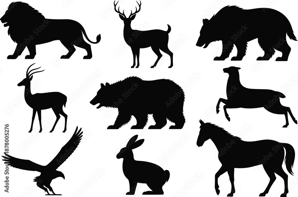Obraz premium Wildlife silhouettes collection on white background
