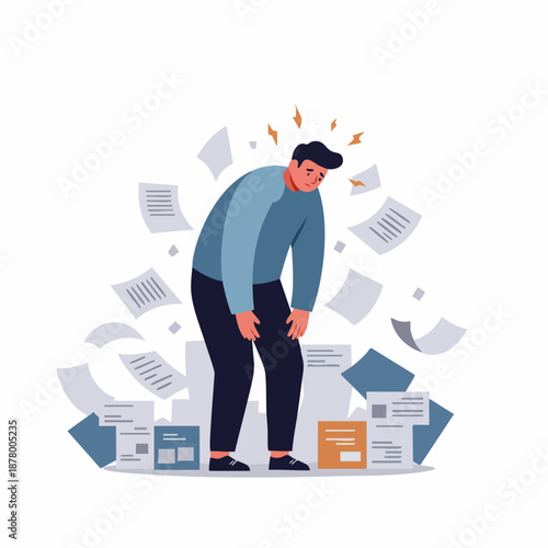 Flat Illustration Stressed Man Overwhelmed by Paperwork Deadline Task Burden