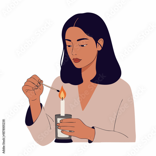 Flat Style Illustration of Woman Lighting Candle with Matchstick Moment