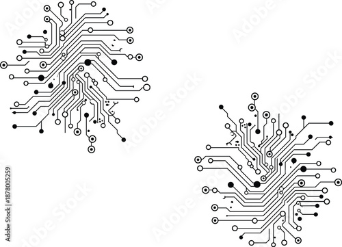 Dual Neural Circuit Patterns with Symmetrical Connectivity, Circular Nodes, and Abstract Lines Representing AI and Brain-Inspired Electronic Design