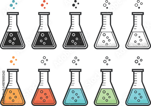 Diverse Laboratory Flasks with Colorful and Monochrome Chemical Reactions, Bubbling Liquids, and Rising Droplets in Scientific Experiment Grid