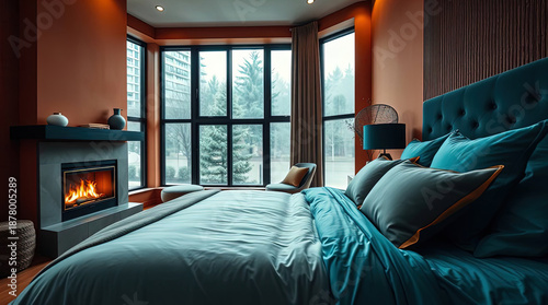 A modern bedroom with a minimalist design, a fireplace, and a view outside the window imbue the space with a tranquil atmosphere.