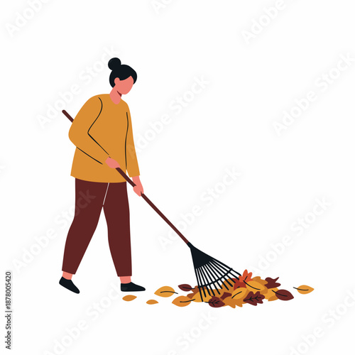 Flat Cartoon Illustration of a Woman Raking Fallen Leaves in Autumn