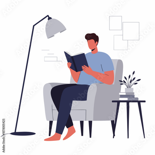 Flat Illustration Man Reading Book in Chair at Home Relaxation Moment