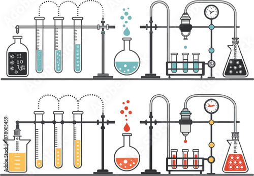 Stylized Dual Chemistry Setups Showing Sequential Reactions, Distillation Apparatus, Colored Liquids, and Experimental Flow in Scientific Illustration Format