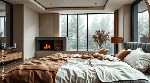A modern bedroom with a minimalist design, a fireplace, and a view outside the window imbue the space with a tranquil atmosphere.