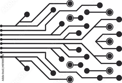 WebStylized Printed Circuit Board Layout with Symmetrical Conductive Traces, Circular Nodes, and Electronic Flow in Modern Tech Illustration
