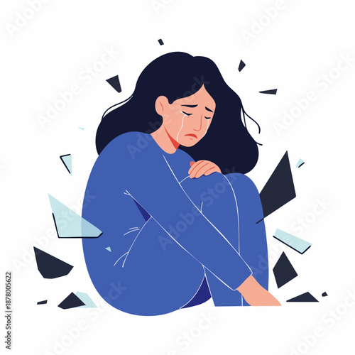 Flat Illustration Woman Depressed Sitting Sad and Broken Heart Concept