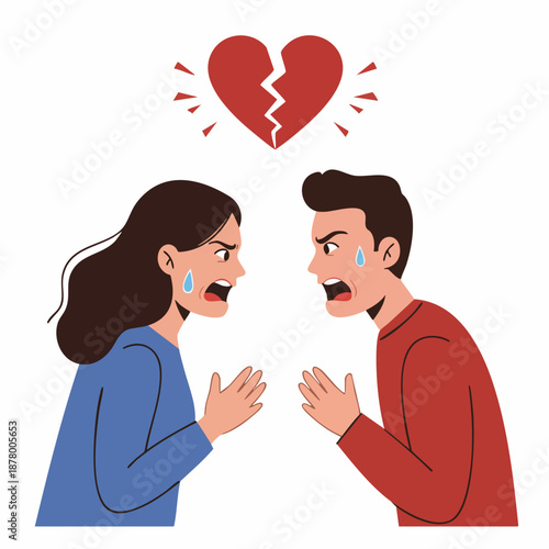 Cartoon Flat Style Couple Arguing with Broken Heart Above Illustration