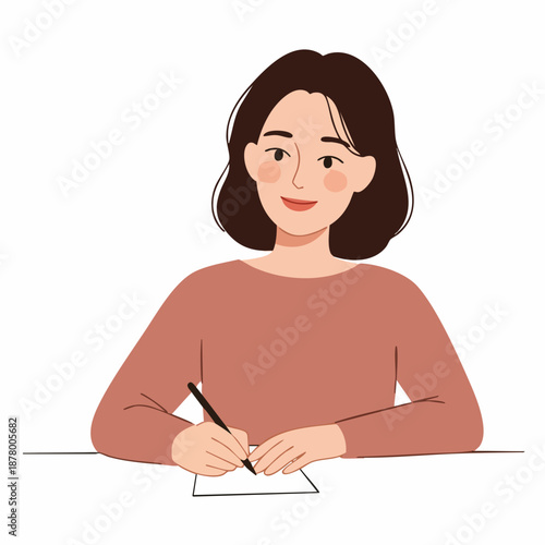 Minimalist Flat Style Illustration of Woman Writing on Paper Document