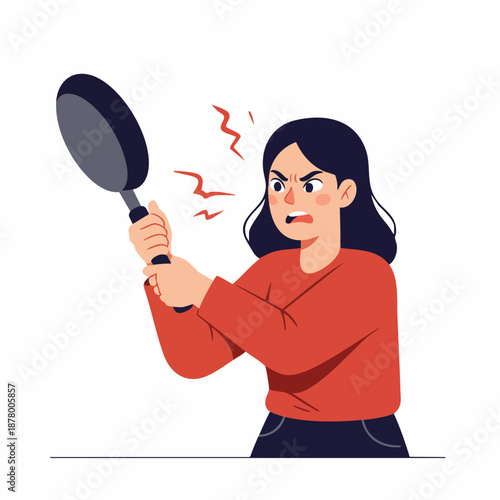 Flat Illustration Angry Woman Holding Frying Pan Cooking Utensil
