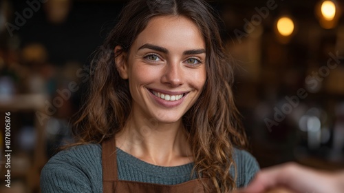 A friendly cafe worker smiling brightly. She has shoulder-length hair and is wearing an apron. The background is slightly blurred