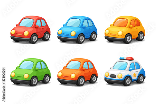 Collection of colorful cartoon cars and a police car on a white background