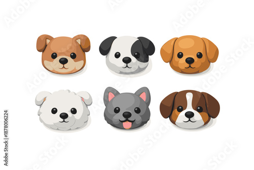 Collection of cute cartoon dog faces with different breeds and colors