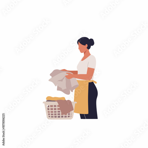 Flat Illustration of Woman doing Laundry with Basket Full Clothes
