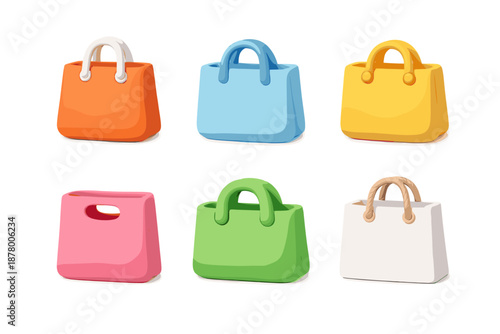 Collection of six colorful shopping bags in a grid layout on a white background