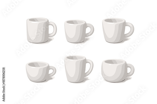 Collection of six different white ceramic mugs arranged in two rows on a white background