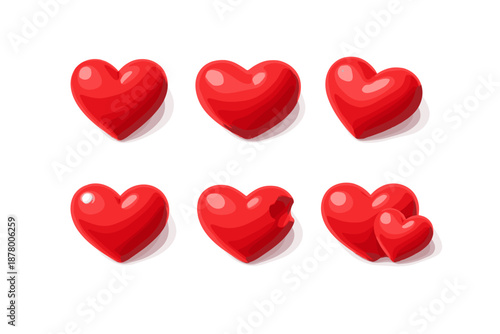 Collection of glossy red hearts with subtle shadows on a white background