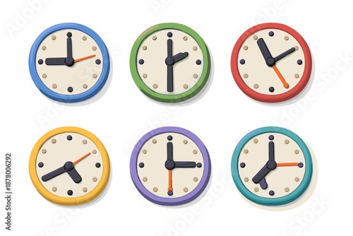 Collection of six colorful analog clocks showing different times on white background
