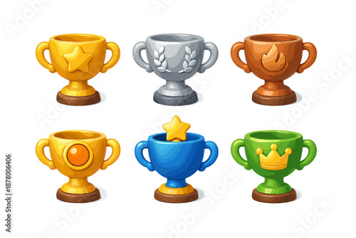 Collection of colorful cartoon trophies and awards for games and competitions