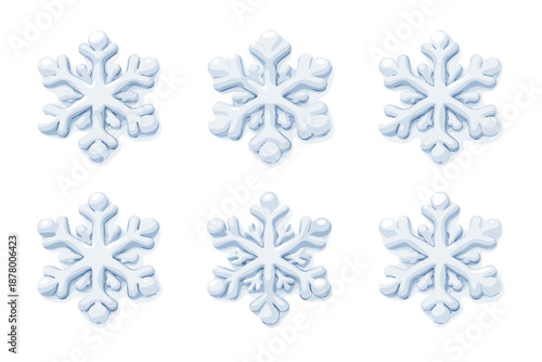 Collection of six unique cartoon-style snowflakes on a white background