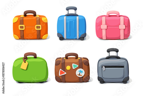 Collection of colorful cartoon luggage and travel bags on a white background