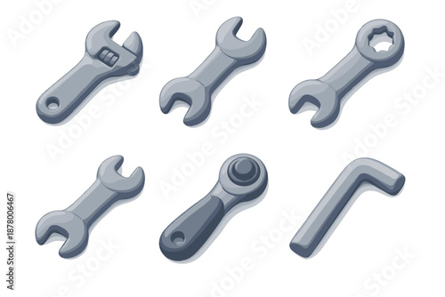 Collection of various metal wrenches and tools on a white background