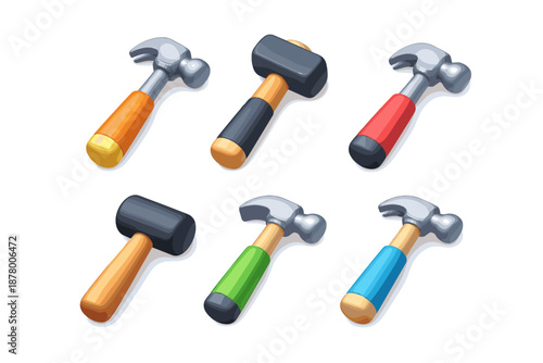 Collection of six different hammers with colorful handles on a white background
