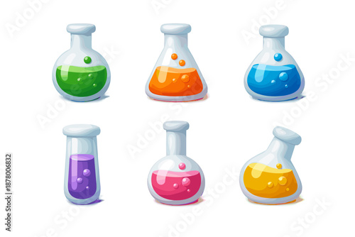 Collection of colorful cartoon laboratory flasks with bubbling liquids for science experiments