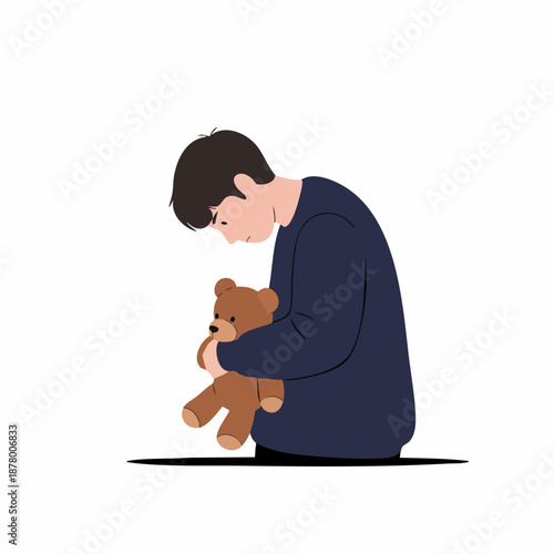 Flat Style Depressed Boy Holding Brown Teddy Bear Sad Illustration