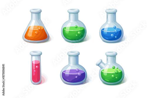 Collection of colorful laboratory flasks and test tubes filled with bubbling liquids