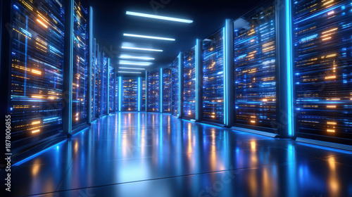 Futuristic data center aisle glowing with blue and orange server lights, sleek reflective floor and endless racks