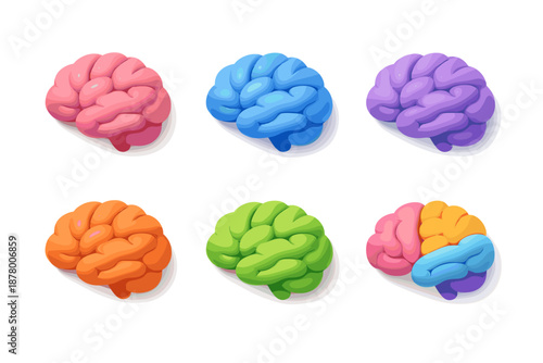 Collection of colorful cartoon brains illustrating different concepts and ideas