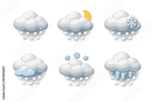 Collection of cartoon weather icons depicting various precipitation types and conditions