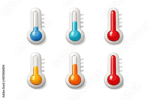 Collection of six cartoon thermometers showing different temperature readings in blue, orange, and red