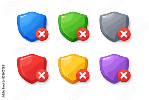 Collection of colorful shields with red cross icons indicating security failure or denial